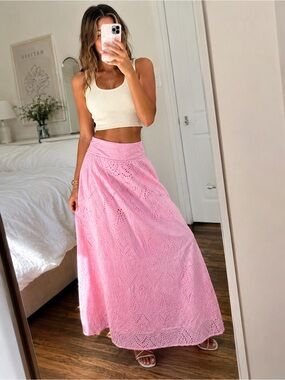 Pink Eyelet Embroidered Maxi Skirt Small Cottagecore Coquette Barbiecore